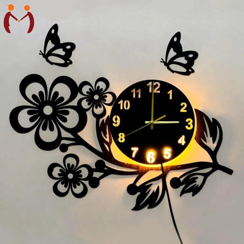 3D Flower Wooden Wall Clock with LED