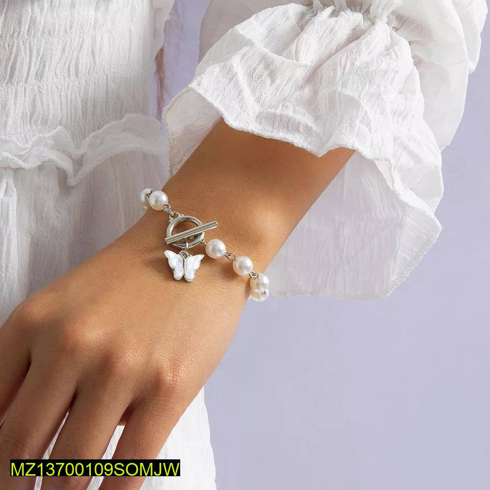 Butterfly Pearl Bracelet – Silver Plated