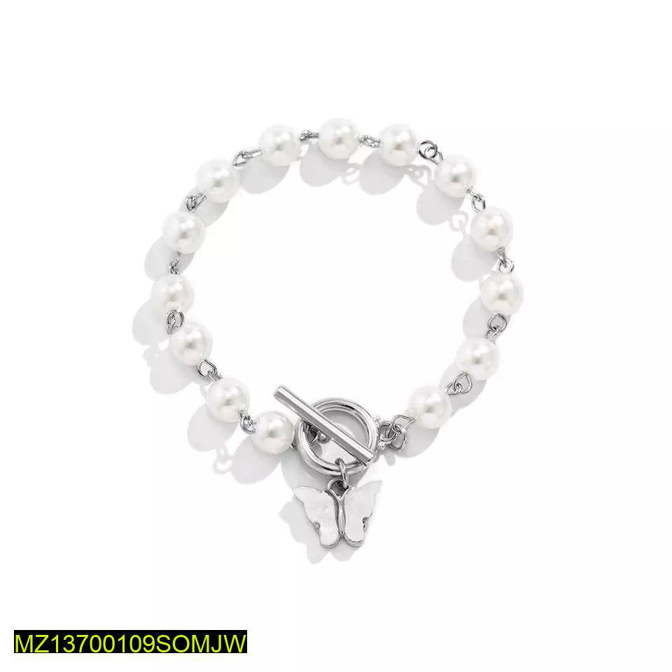 Butterfly Pearl Bracelet – Silver Plated