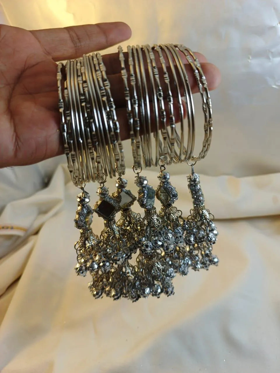 24-Piece Kara Bangles – Silver Mirror Work