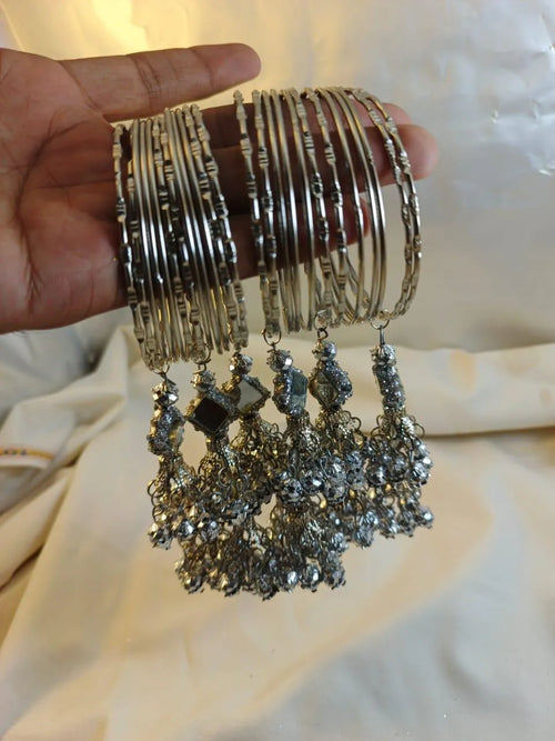 24-Piece Kara Bangles – Silver Mirror Work