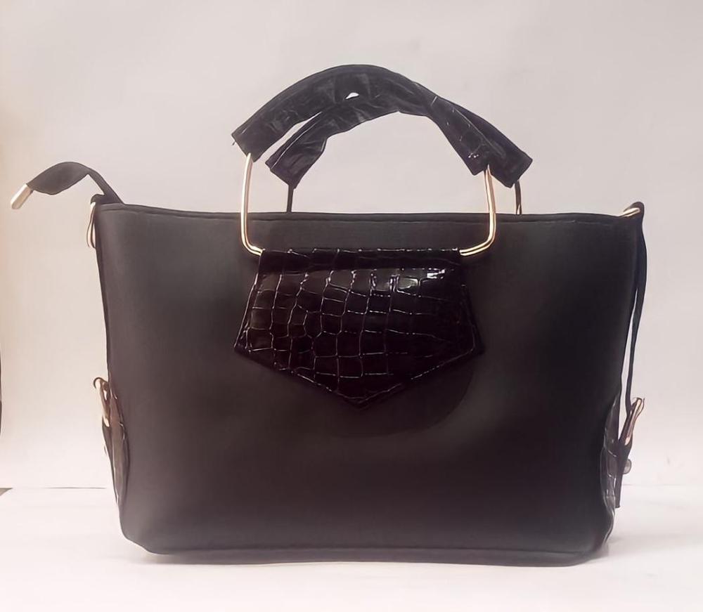 Black Croc Embossed Handbag with Gold Hardware